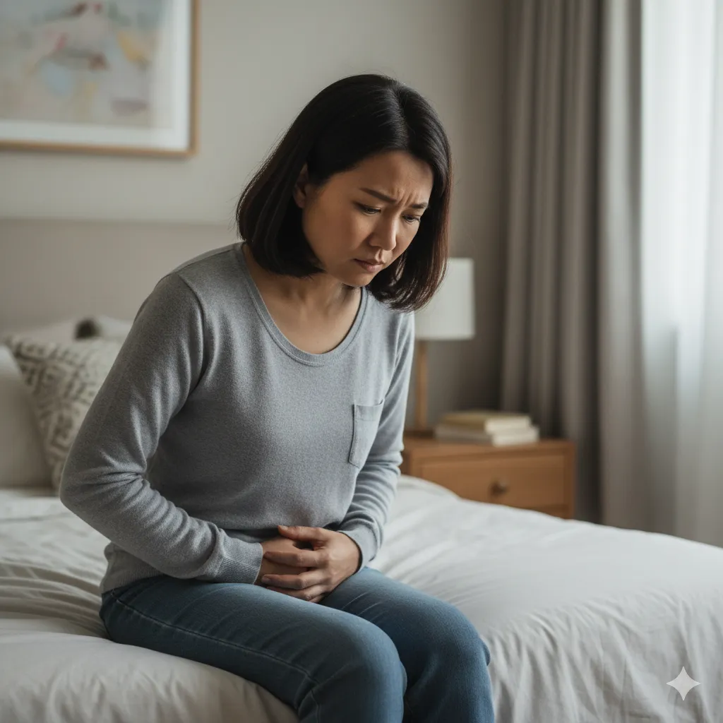 一位女士正經歷因盆底肌鬆弛而引起嘅下墜感或者腹部不適,呢啲都係需要考慮進行收陰機療程或者尋求解決方案嘅警號。