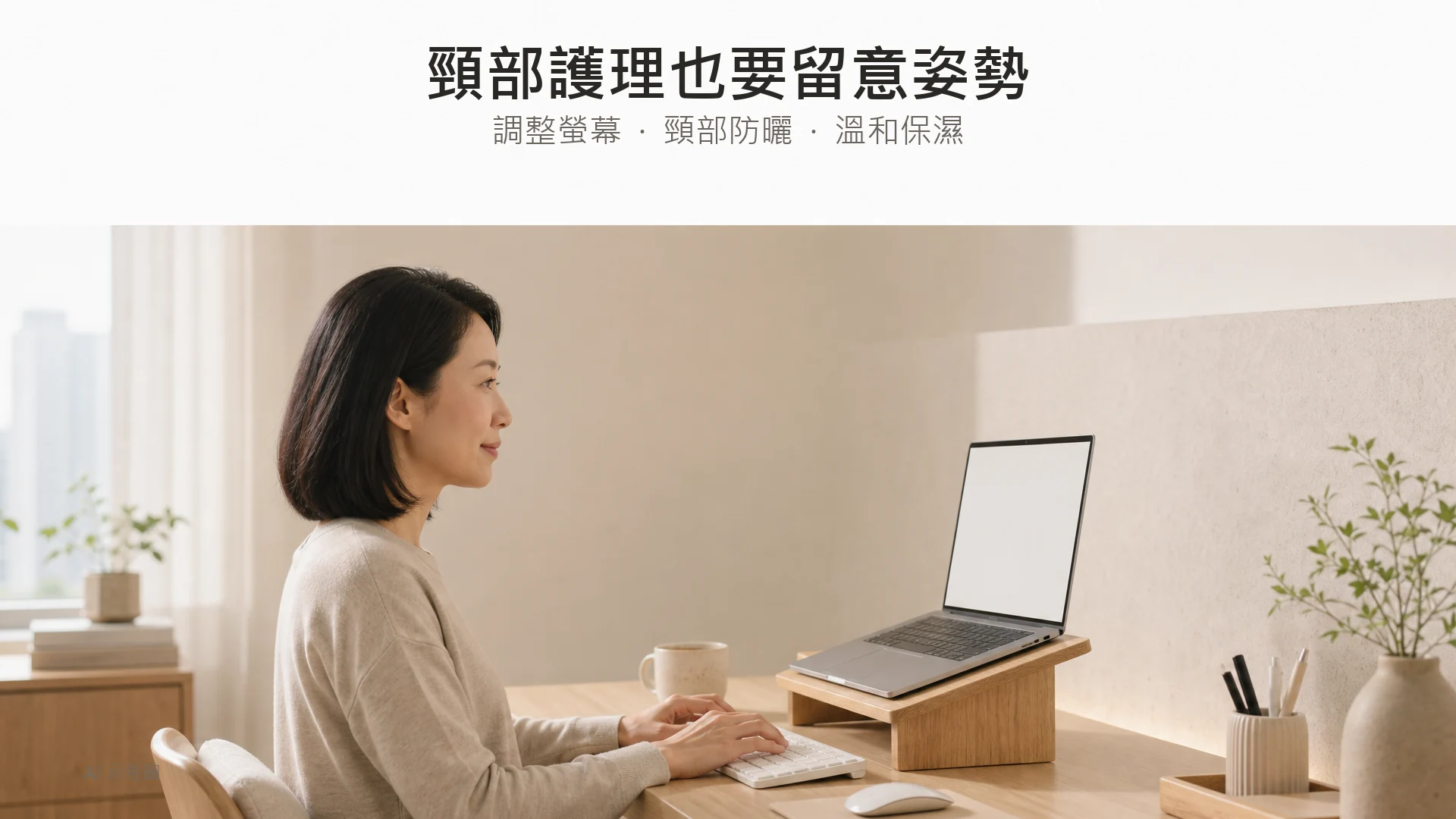 AI 示意圖：成年東亞女性坐在書桌前，以視線接近水平的螢幕示意日常姿勢管理。