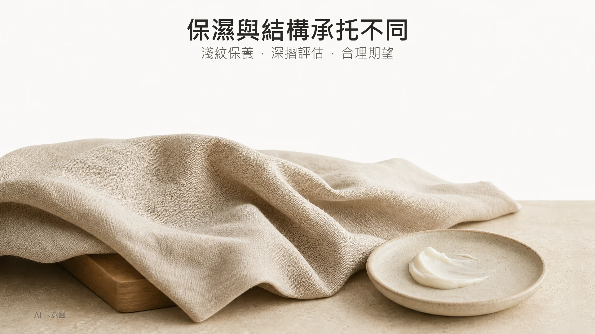 摺起的米色布料、下方木質支架與旁邊的保濕霜質地,以材質比喻保濕與承托的分別,屬 AI 示意圖,非皮膚結構圖。