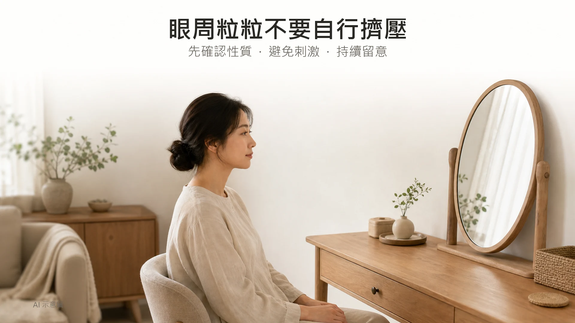 AI 示意圖:成年東亞女性坐在家居梳妝鏡前,雙手自然放在膝上,表達不觸摸或擠壓眼周粒粒。