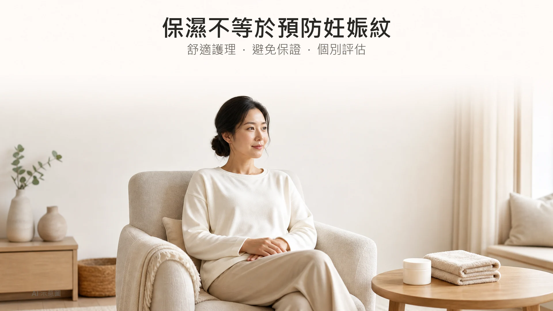 成年東亞女士穿寬鬆長袖衣物坐於家中,身旁放有無標示保濕用品與柔軟毛巾,屬產後日常護理 AI 示意圖。