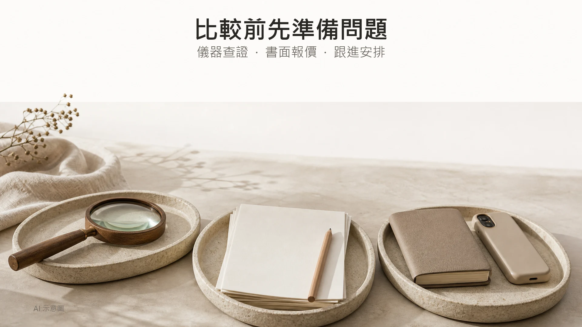 AI 示意圖：三個托盤分放查證、報價及跟進的象徵物件，並非真實認證或報價文件。