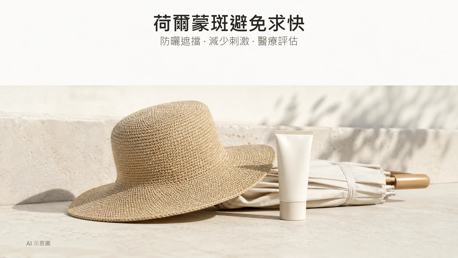 AI 示意圖:闊邊帽、摺起的遮陽傘及素面防曬容器放在石面上,呈現日常遮擋準備,上方留白。