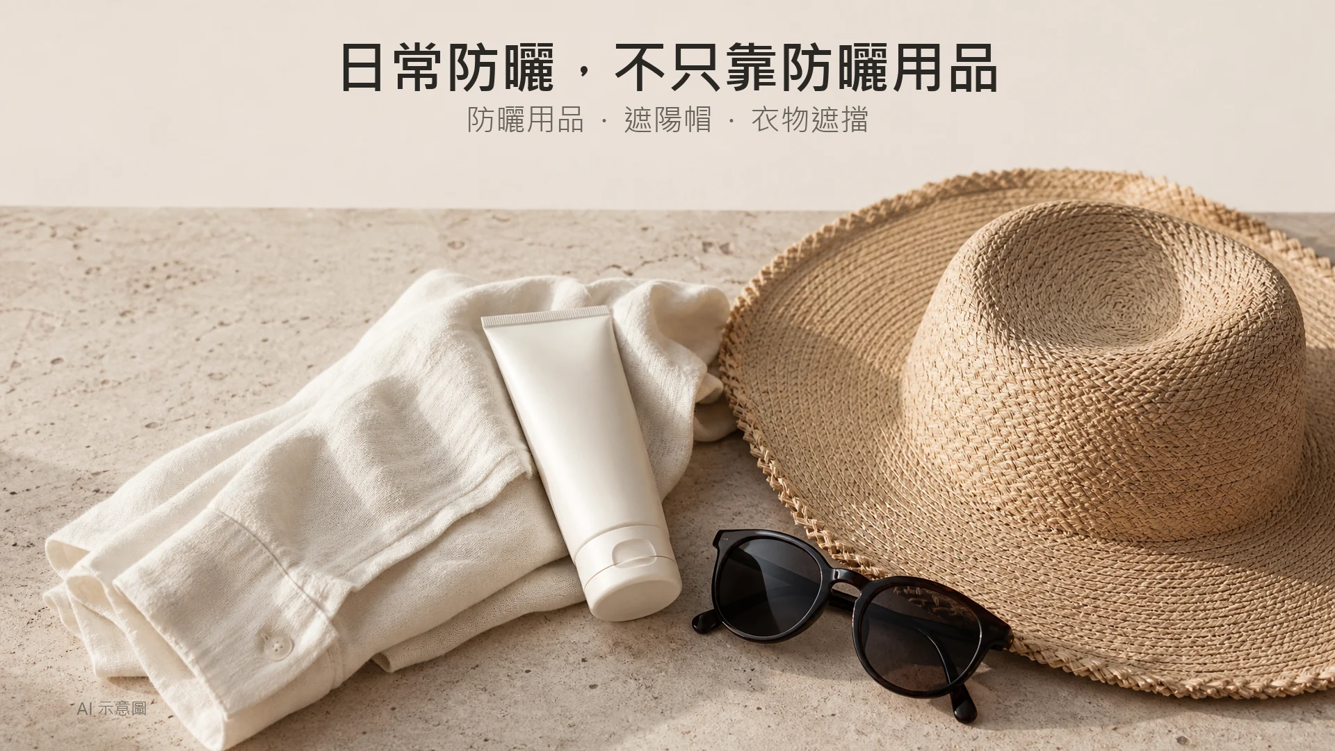 暖米色靜物照,陽光在象牙色牆上投下窗格影,草帽與無標籤素色軟管平放亞麻布上;AI 示意圖。