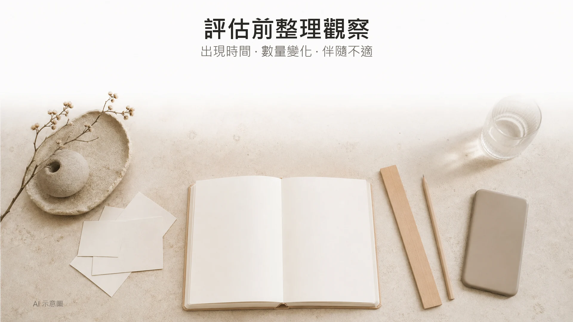 AI 示意圖:空白記事簿、無刻度尺及背面朝上的手機,象徵整理色斑觀察資料。