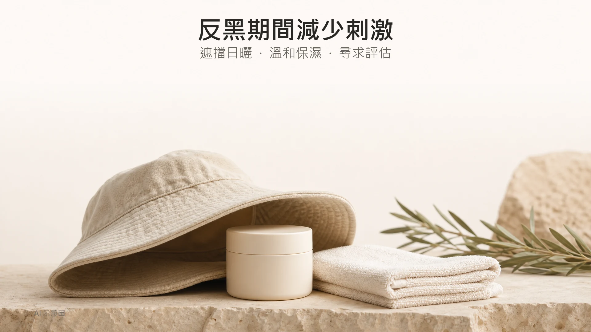 AI 示意圖:遮陽帽、無標示乳霜罐及柔軟棉巾的護理靜物,象徵反黑期間的防曬與溫和保養。