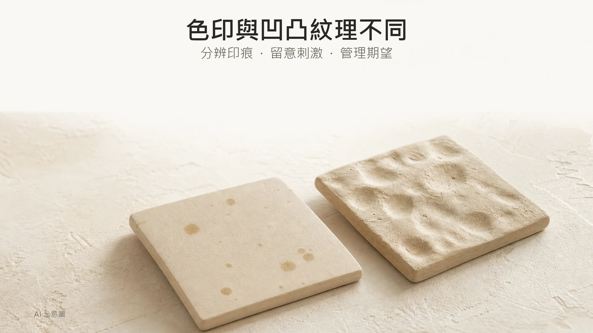 平面帶淡褐色斑點與表面帶細凹槽的陶土樣片並置,以材質比喻色印與凹凸紋理,屬 AI 示意圖,非皮膚診斷或效果照片。