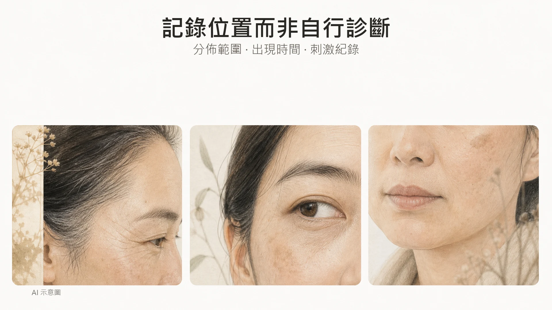 AI 示意圖:下方橫排三幅不同成年東亞人士的太陽穴、眼周及唇周局部插畫,只示範觀察位置,非病例對照。