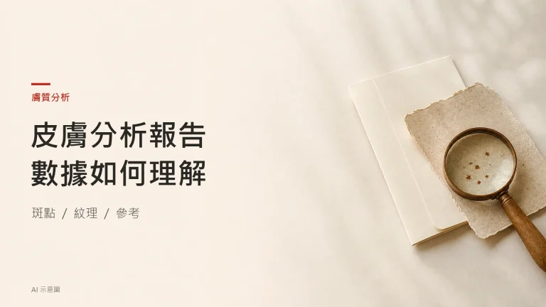 木柄放大鏡與帶有細小斑點的米色紙卡，象徵觀察皮膚特徵，並非真實檢測儀或報告；AI 示意圖。