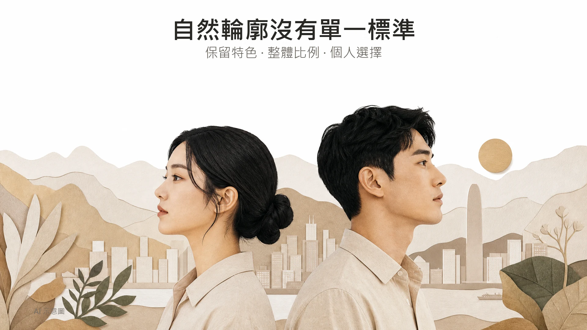 AI 示意圖：兩位不同成年東亞人士的紙藝側面輪廓，呈現面型差異，並非前後對比。