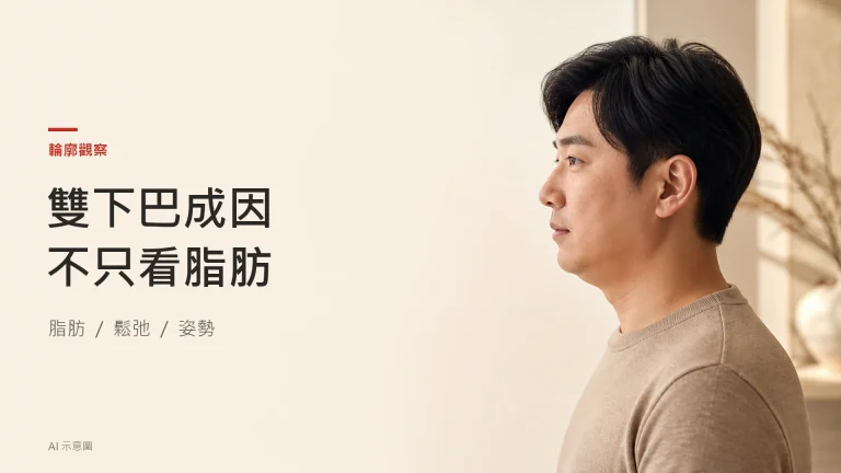 AI 示意圖：成年東亞男性的自然側面及下巴輪廓，保留正常下巴下方的柔軟組織。