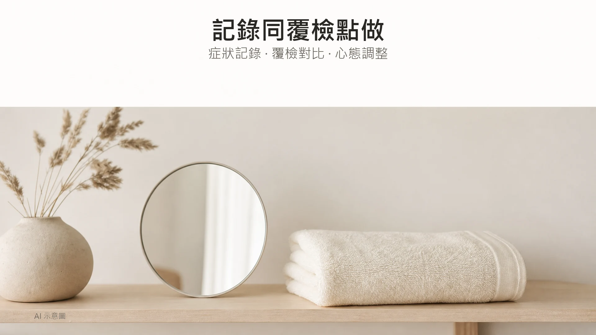 AI 示意圖:淺色木架上有一個小圓鏡同一條摺好嘅象牙色手巾,暖色調,上方留白。