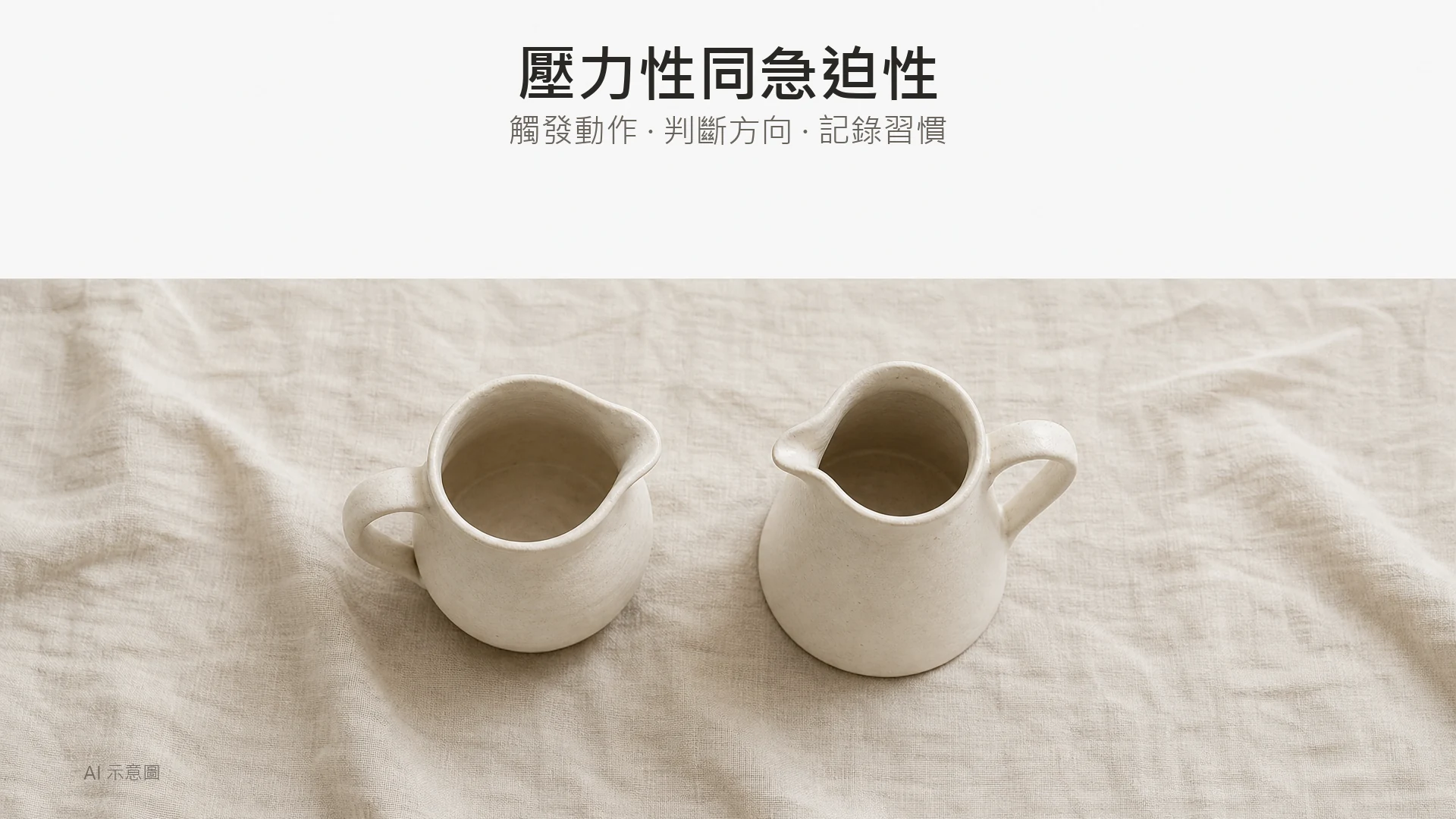 AI 示意圖:象牙色亞麻布上並排兩隻形狀不同嘅素色陶瓷小壺,暖色調,上方留白。