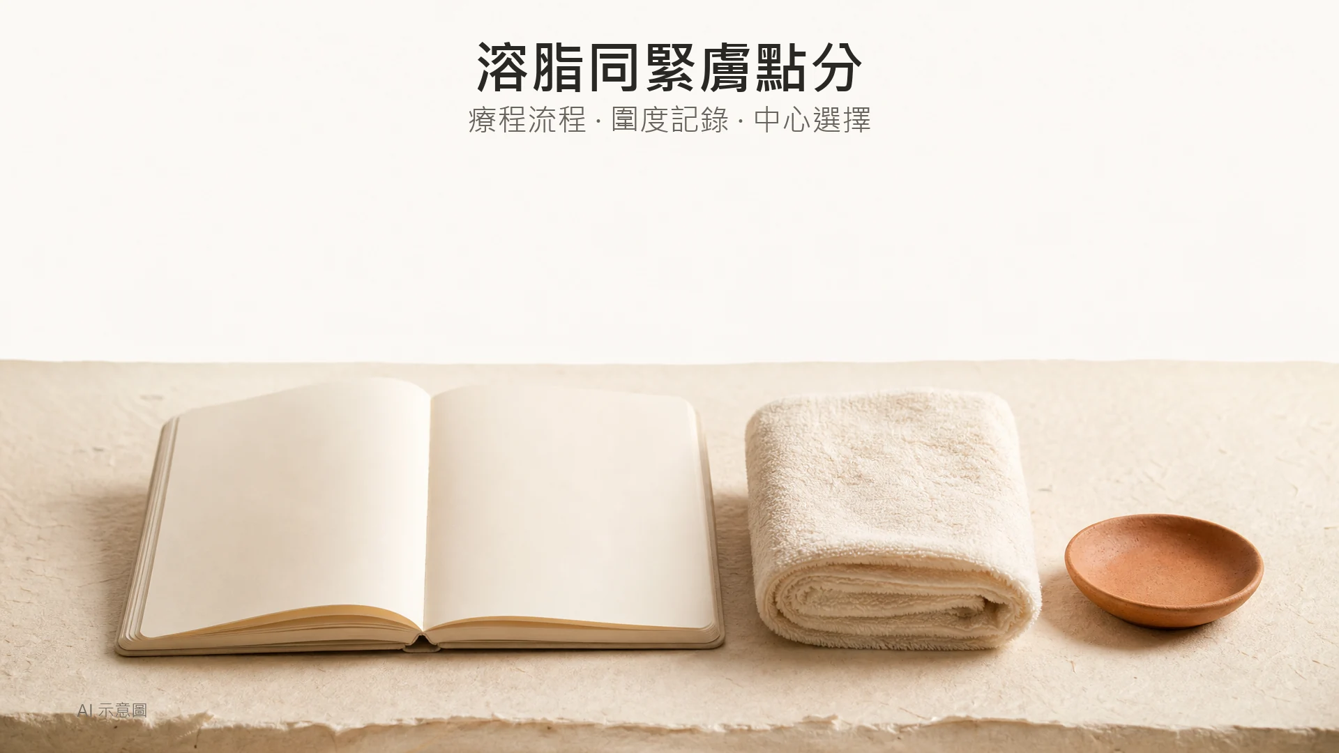 AI 示意圖:暖色調靜物照,上緣留白,中央下方有一本無字筆記本、摺好嘅米白軟毛巾及一個小陶碟並排放於暖象牙紙上。