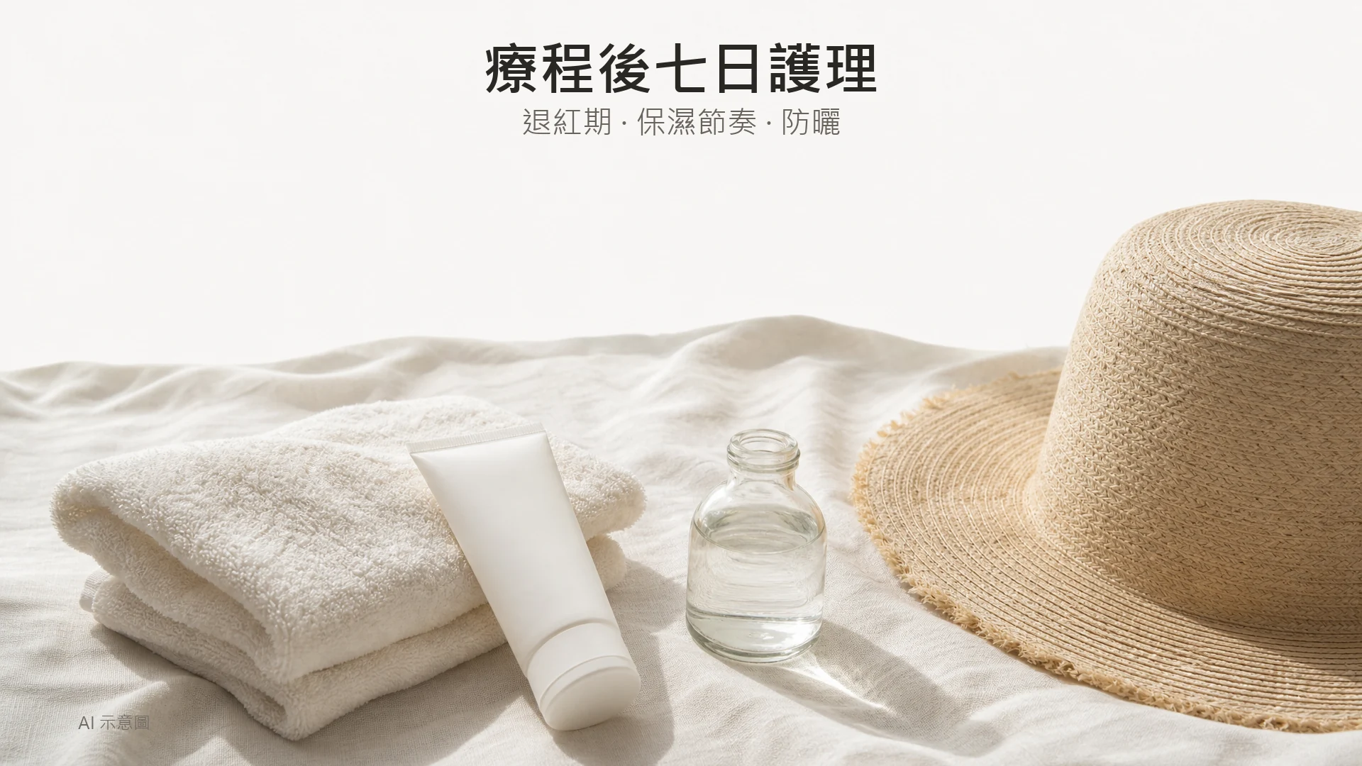 AI 示意圖：暖色調護理用品平鋪照，上緣大面積留白，下方有無品牌的白色軟管、摺好毛巾、一支透明玻璃瓶及一頂草帽。