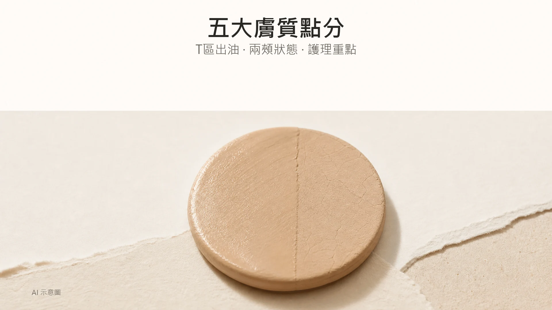 AI 示意圖:暖色調靜物照,上緣留白,中央下方一塊膚色啞光陶土圓盤,左半邊受光呈微亮、右半邊偏乾霧面。