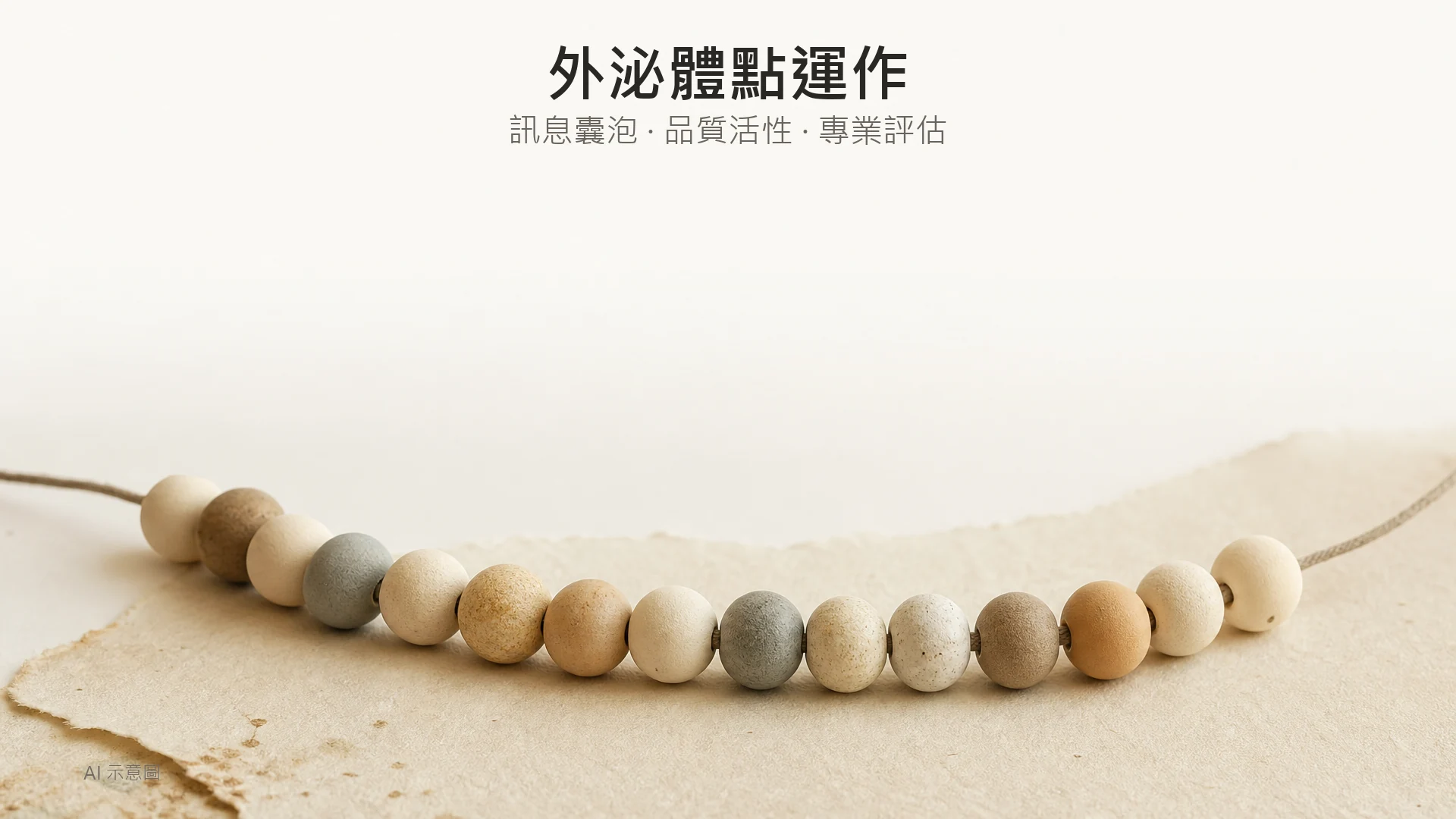 AI 示意圖:暖色調靜物照,上緣留白,中央下方一排啞光陶珠以細麻線串連橫放於暖象牙紙上。