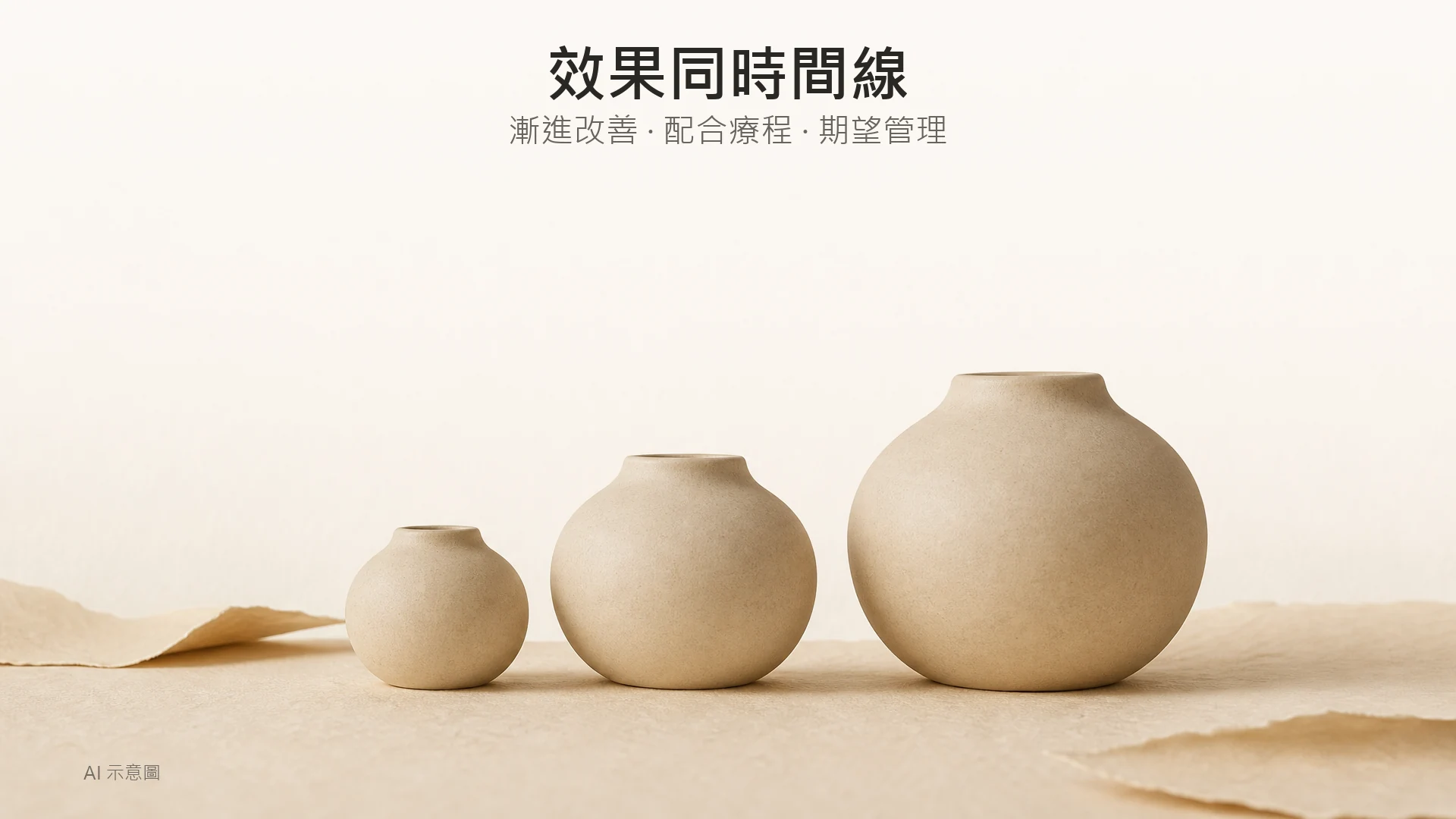 AI 示意圖：暖色調靜物照，上緣留白，中央下方三個由小至大的無標籤素色陶瓶並排於暖象牙紙上。
