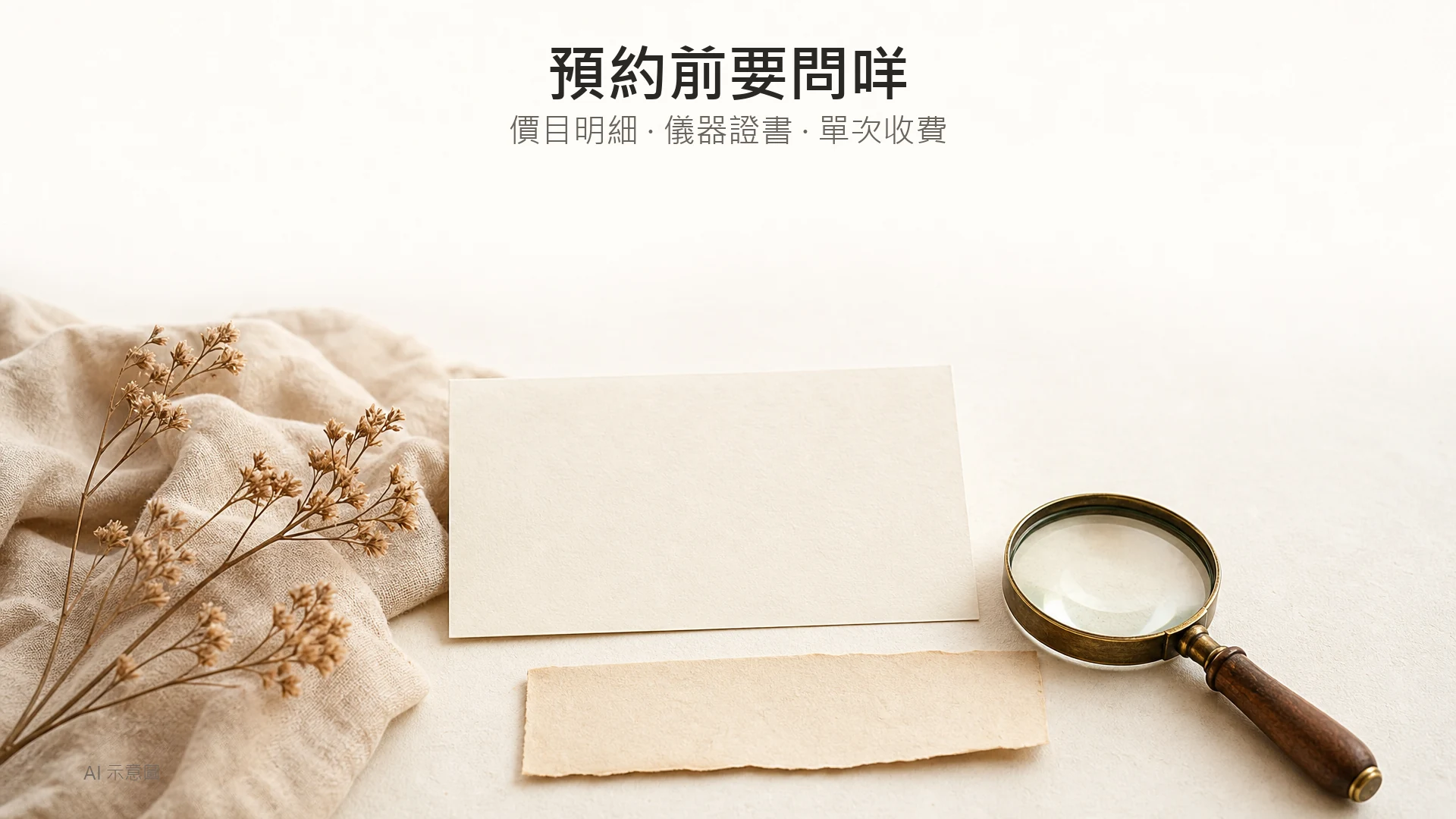 AI 示意圖:暖色調平鋪照,上緣留白,下方一張空白卡紙、一個小圓放大鏡及一張無字嘅素色紙條。