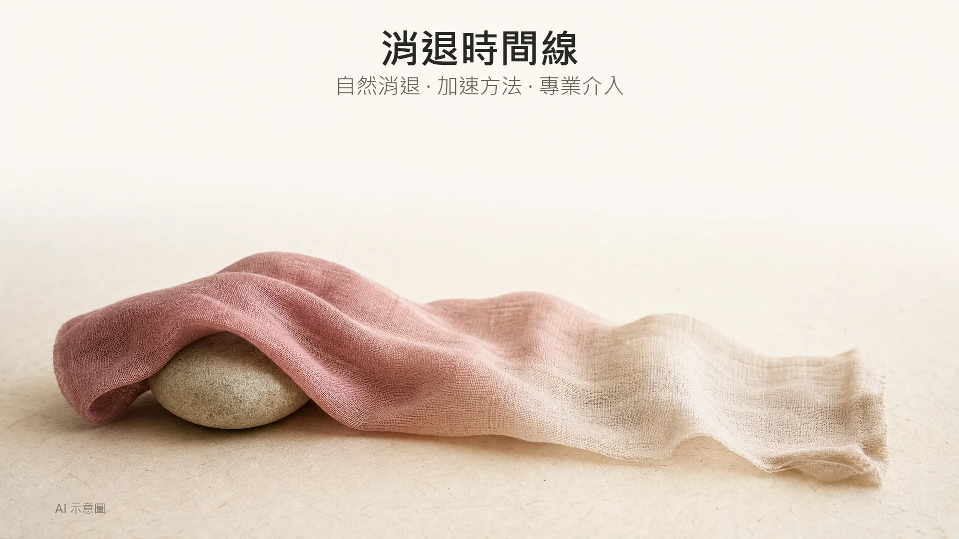 AI 示意圖：暖色調靜物照，上緣留白，中央下方一條由淡玫瑰漸變至米白的柔軟亞麻布，鬆鬆蓋在一顆平滑小石上。