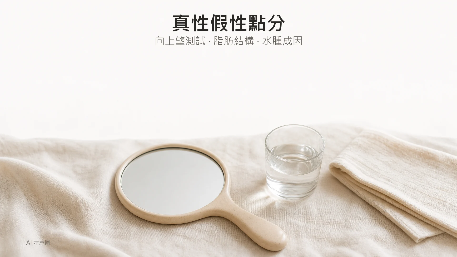 AI 示意圖：暖色調靜物照，上緣留白，中央下方一面打開嘅手持鏡、一小杯清水與摺好棉布並放於淺色亞麻上。