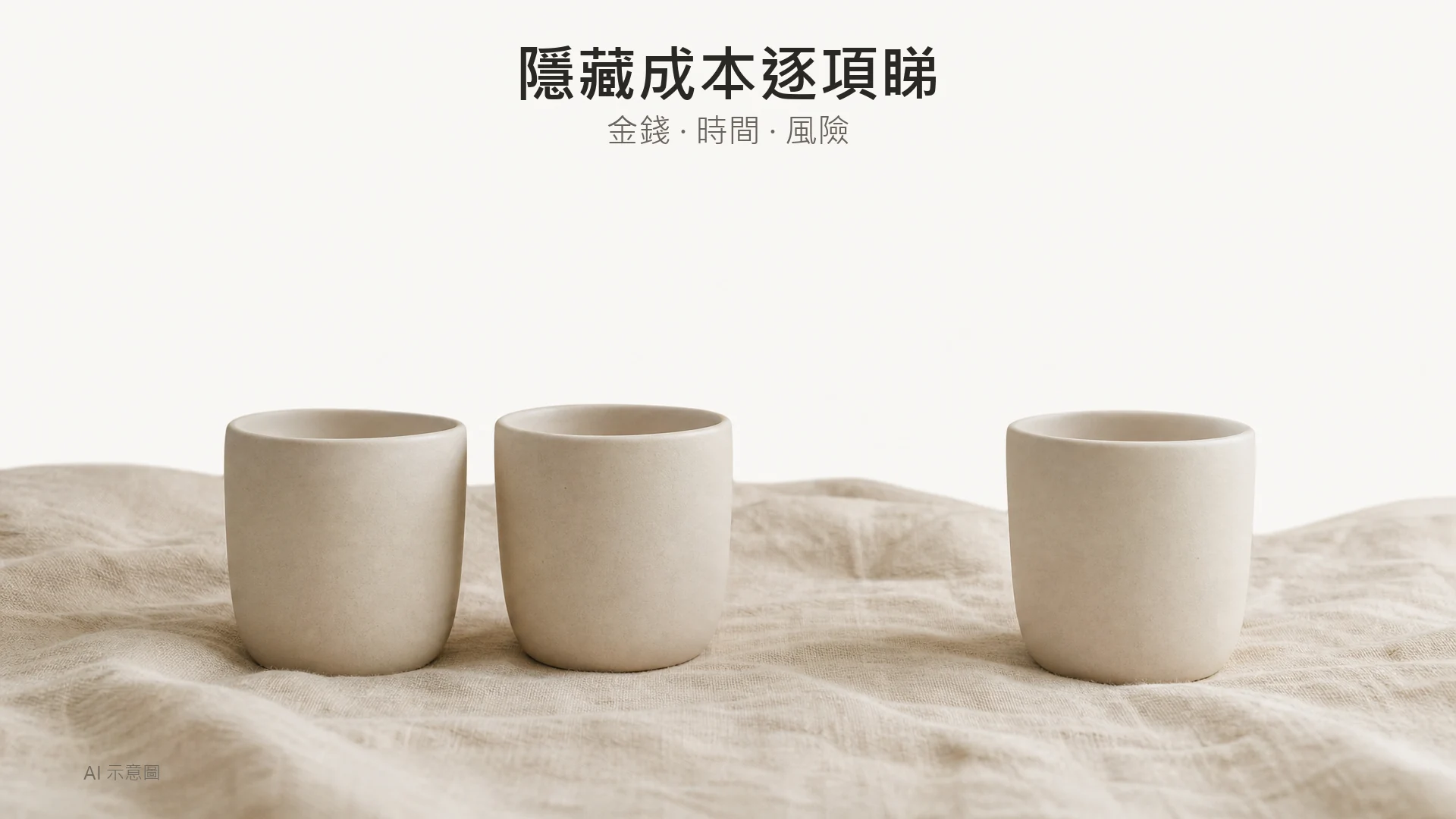 AI 示意圖:暖米色亞麻布上平排三隻素色陶瓷杯,其中一隻稍微分開,象徵三項隱藏成本,光線柔和。