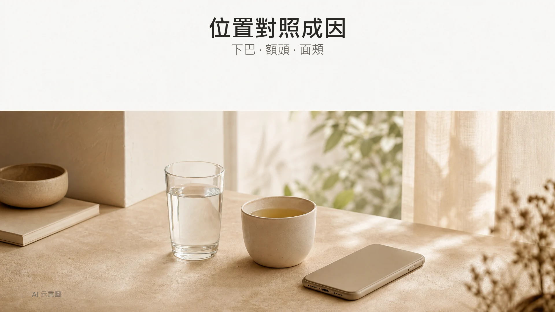 AI 示意圖：暖米色桌面上一個普通玻璃水杯、一隻素色陶瓷杯同一個反轉擺放嘅手機，窗光柔和，桌面無任何文字。