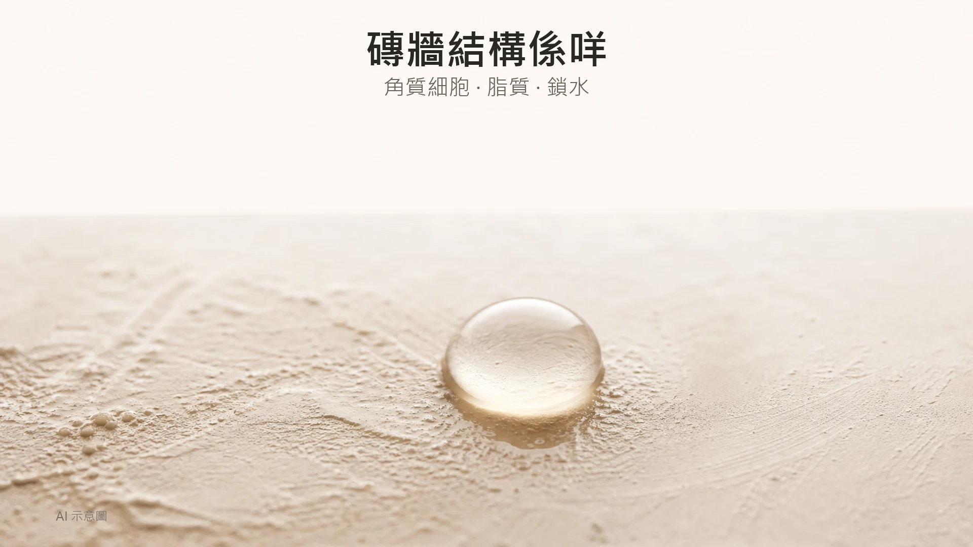 AI 示意圖:啞面象牙色灰泥表面上有一粒清澈水珠靜止不動,背景乾淨留白,柔散日光,象徵滲透與阻隔。
