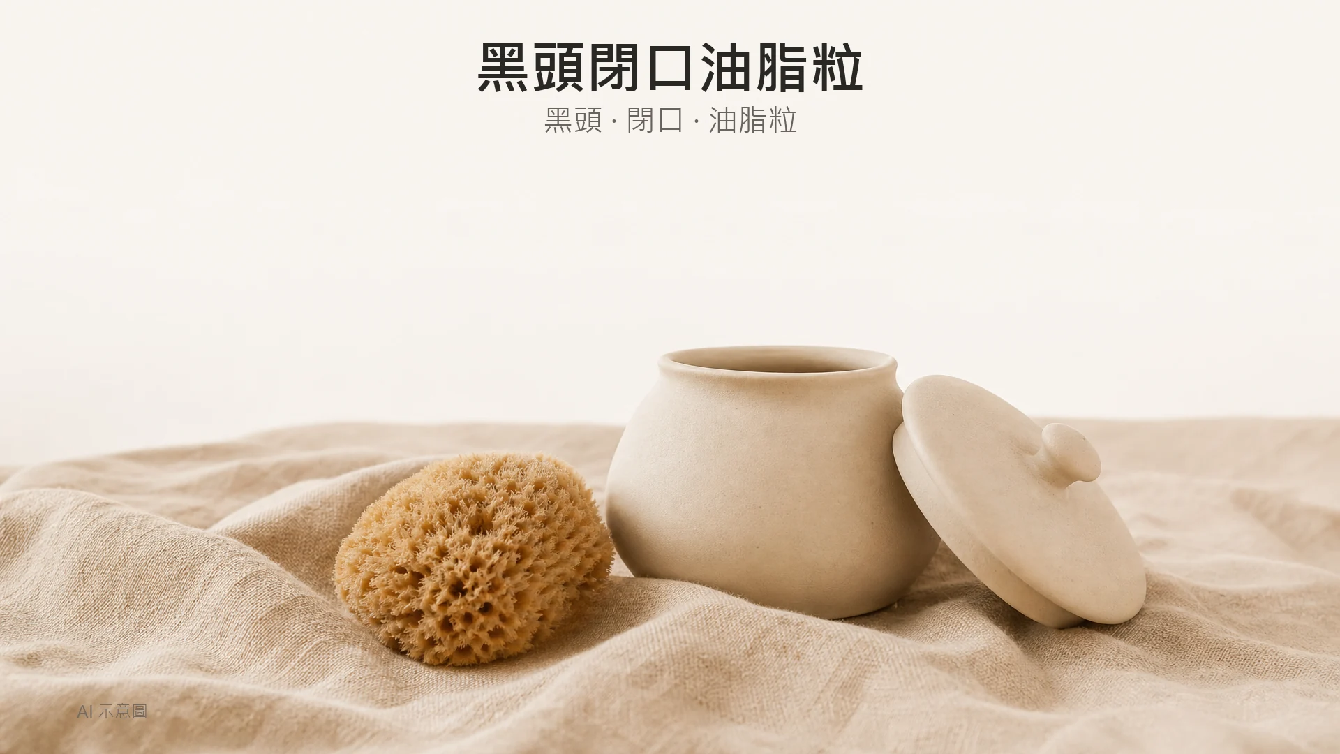 AI 示意圖：暖米色亞麻布上一個啞面無釉陶瓷罐，蓋半開，旁邊放一塊天然海綿，柔散日光，啞面材質。