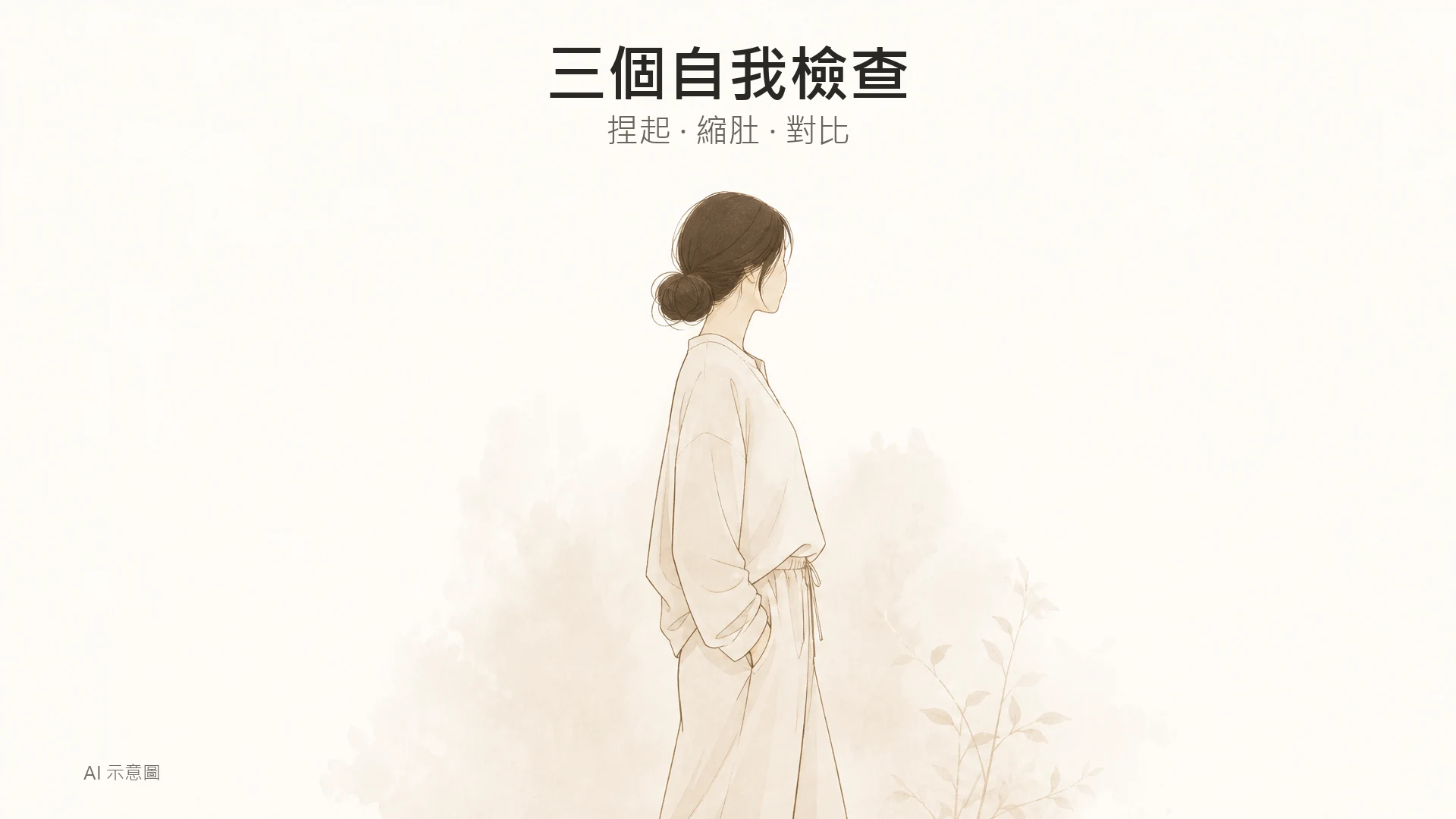 AI 示意圖：穿著鬆身居家服嘅成人身體輪廓線稿插畫，米白底色，上方留白。