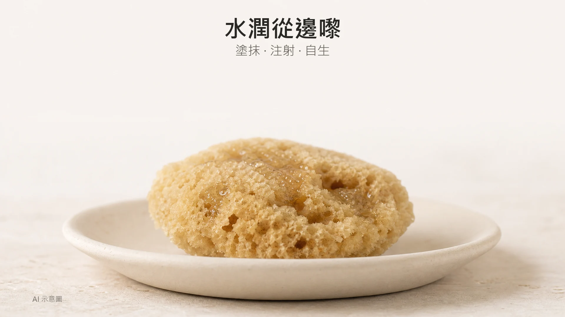 AI 示意圖：乾海綿吸水回彈的質感特寫，米白背景，比喻補水概念，上方留白。