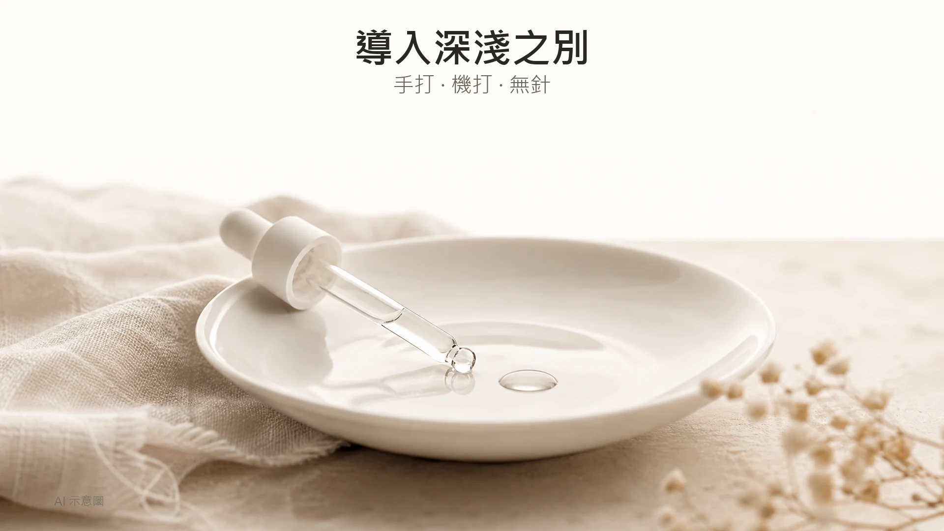 AI 示意圖：米白瓷碟上玻璃滴管與一滴透明精華嘅柔光特寫，上方留白。