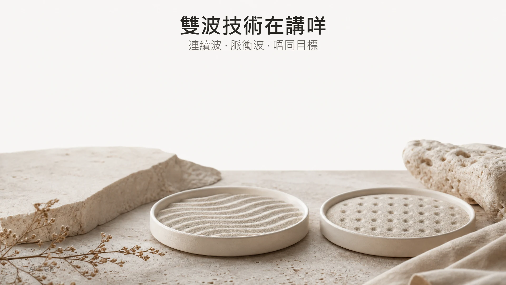 暖象牙色調的物料比喻照,AI 示意圖:兩個淺碟裝幼沙,一碟見連續波紋,另一碟見均勻排列嘅點狀壓痕,並排放喺石膏面,示意兩種能量模式,非儀器圖。