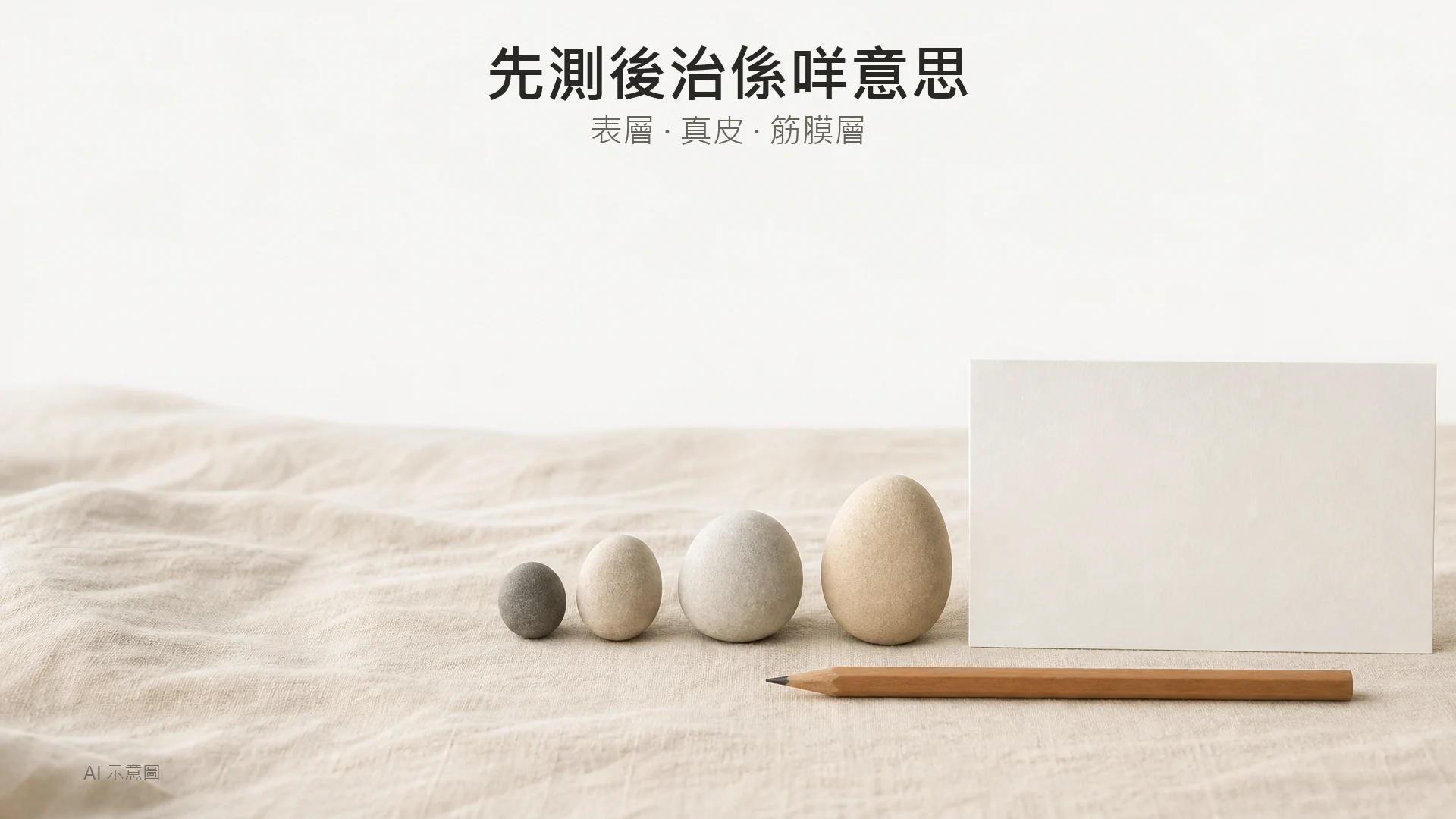暖米色調嘅記錄概念照，AI 示意圖：四粒由細到大排列嘅小石放喺亞麻布上，旁邊一支鉛筆同一張空白卡，示意定期追蹤，非皮膚分析儀器實拍。