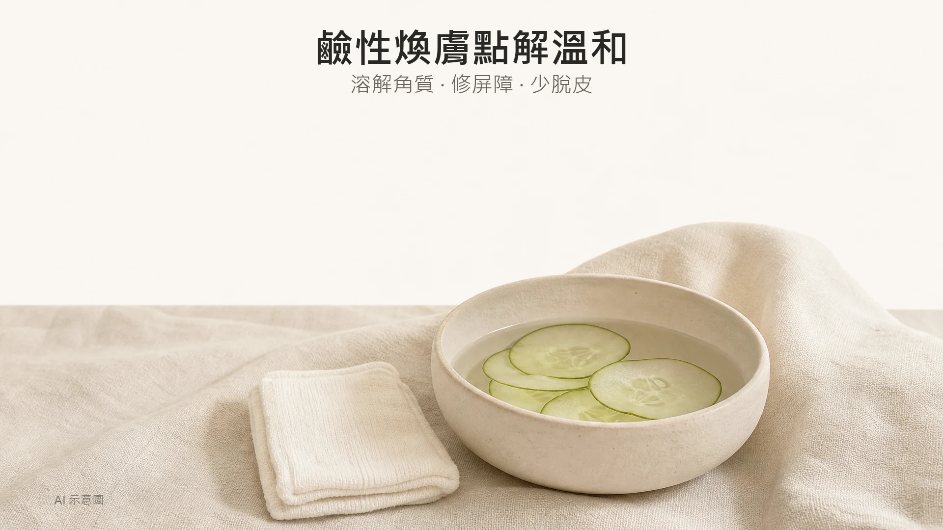 XE LHA Peel 係咩?同家用 LHA 產品分別、效果、價錢同恢復期(敏感肌實測過程) - Peko Beauty 肌源解碼美學|Sylfirm X.BTL Exion.HIFU 專家|旺角朗豪坊 暖米色調的護理靜物,AI 示意圖:一個無品牌淺陶瓷碗盛清水,水裡幾片極薄半透明青瓜片,旁邊一塊摺好的純棉化妝棉,無標籤無品牌。