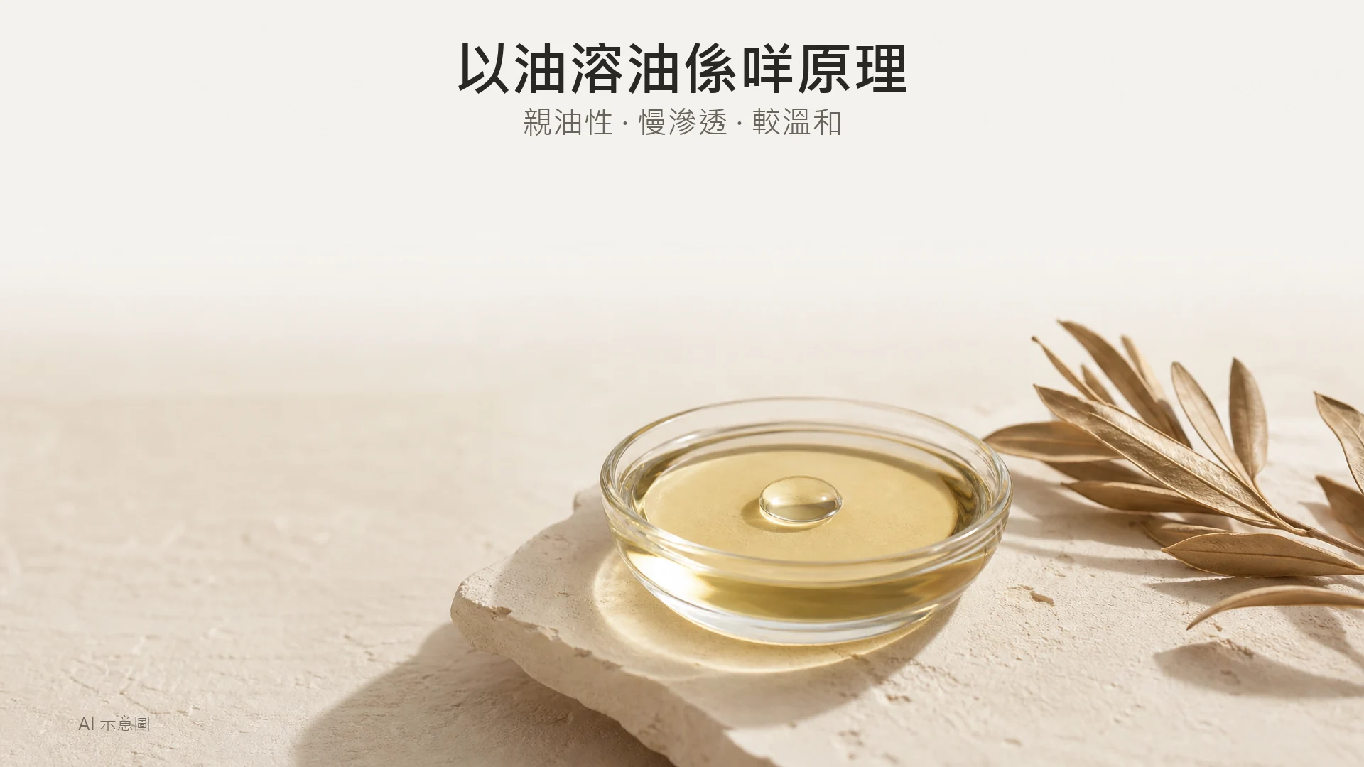 暖象牙色調嘅原理比喻照，AI 示意圖：一個小玻璃碟裝淺色油，油面上另有一滴水珠完整分離浮起，示意親油同親水嘅分別，非毛孔或皮膚實拍。