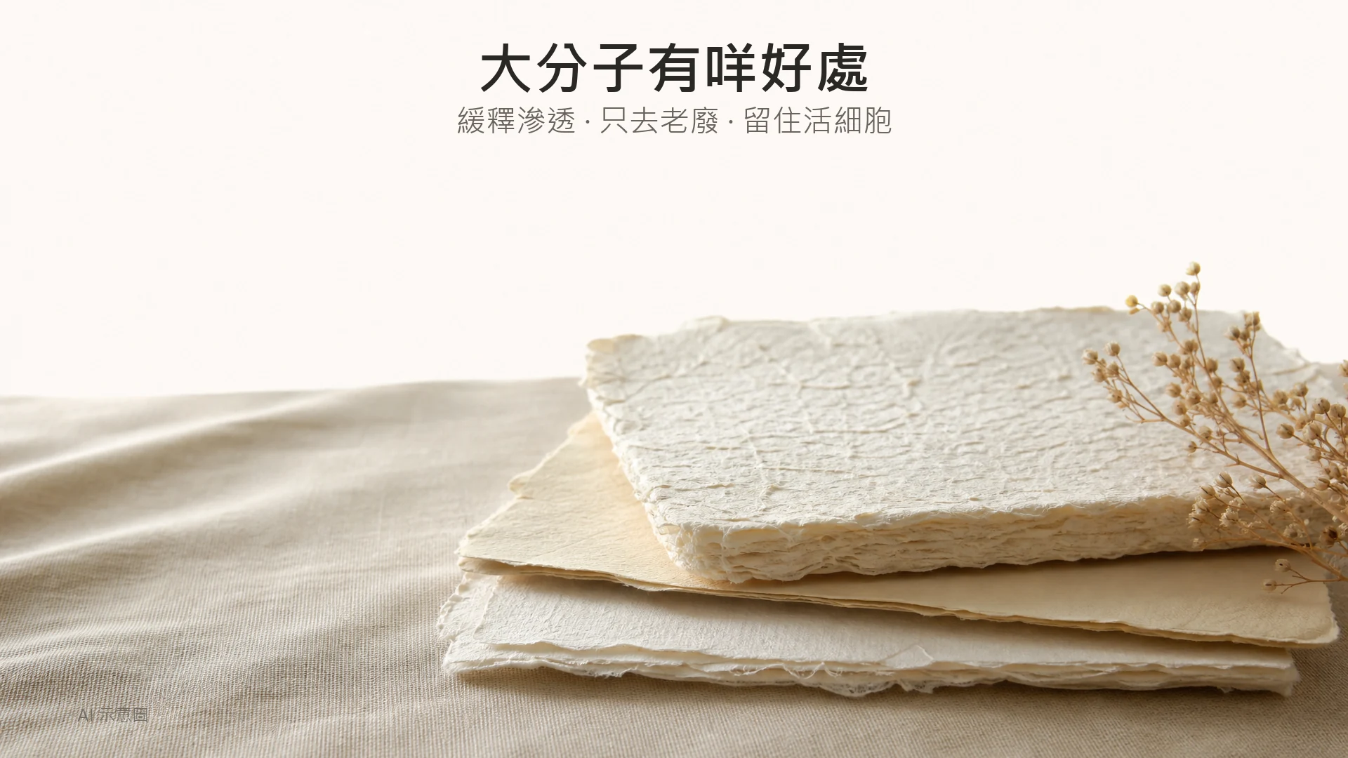 暖米色調嘅紙張比喻照,AI 示意圖:三張厚薄不同嘅手造紙疊起,最厚一張放最上層,放喺象牙色亞麻布上,示意滲透速度同釋放節奏,非人臉實拍。