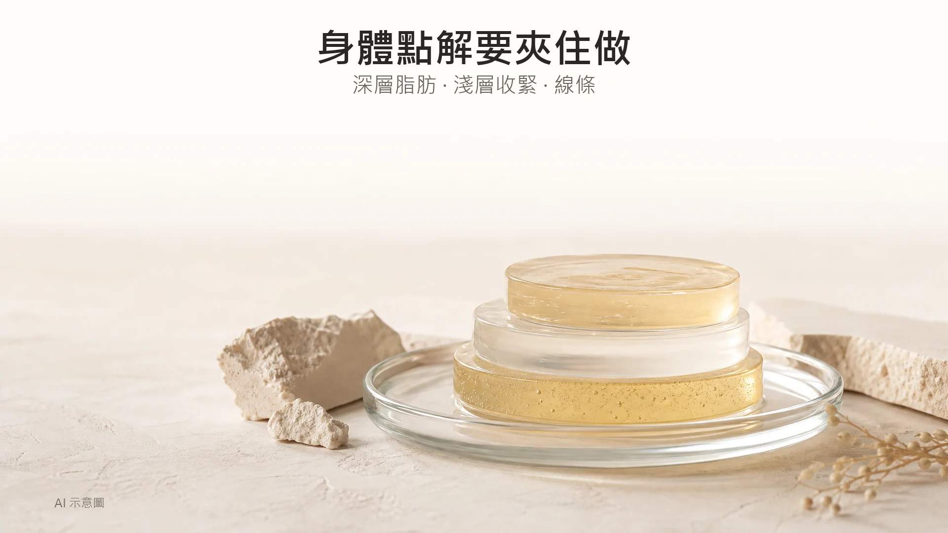 暖象牙色調嘅層次比喻照，AI 示意圖：一個淺身透明玻璃盤內疊住三層厚薄唔同嘅半透明凝膠，放喺石膏面上，示意作用深度，非人體實拍，無前後對比。