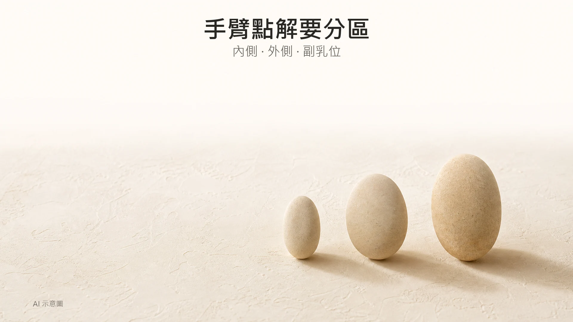 暖象牙色調嘅形狀比喻照,AI 示意圖:三個闊度唔同嘅平滑米色石卵排成一列放喺石膏面上,投下柔和陰影,示意分區處理,非人體實拍,無量度數字。