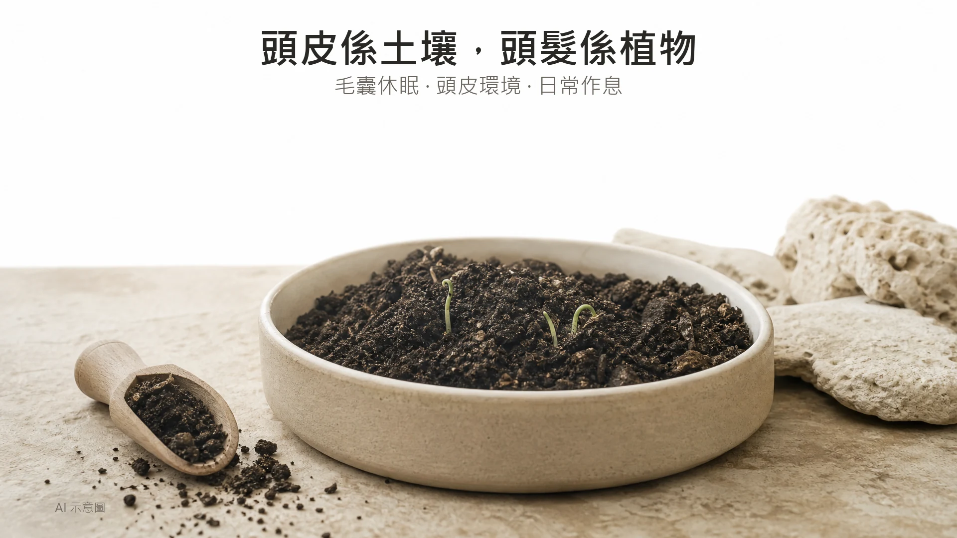 AI 示意圖:暖象牙色靜物,淺陶碟盛深色泥土配兩三株幼嫩綠芽,寓意頭皮如土壤,畫面上方四分之一留白。