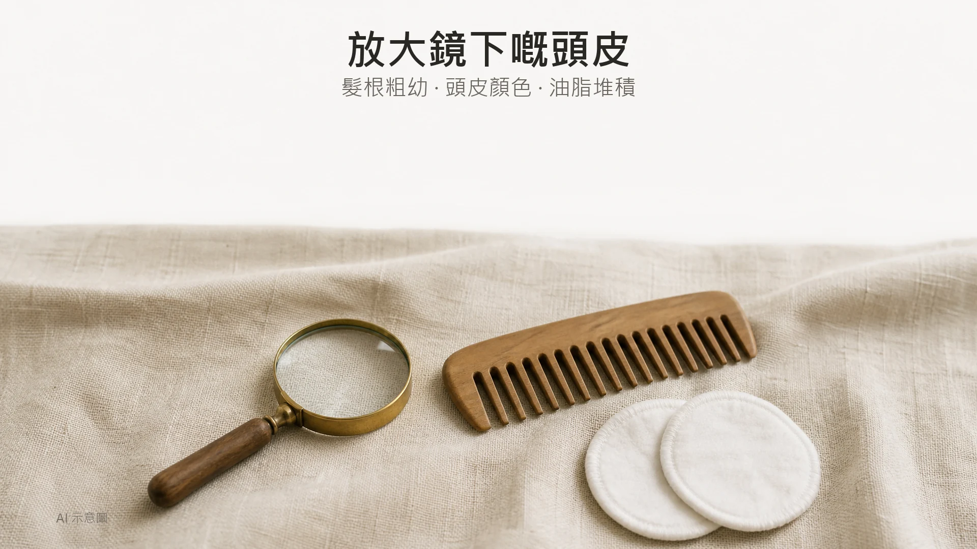 AI 示意圖:暖象牙麻布上嘅頭皮檢查物件平拍,放大鏡、木梳與兩塊白色棉墊,畫面上方四分之一留白。