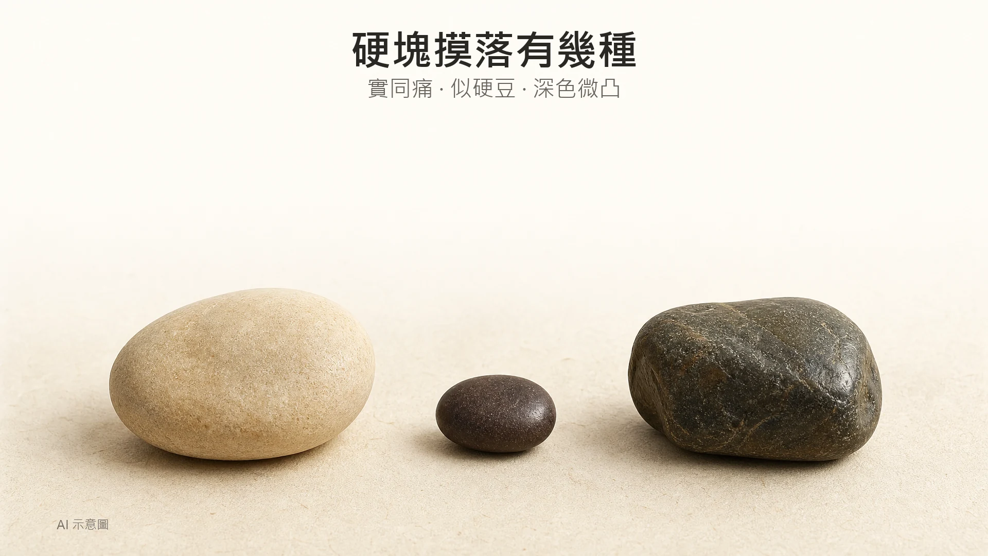 AI 示意圖：暖象牙色紙上三塊質感不同嘅石頭並排，分別圓滑、細密如豆、深色微亮，畫面上方四分之一留白。