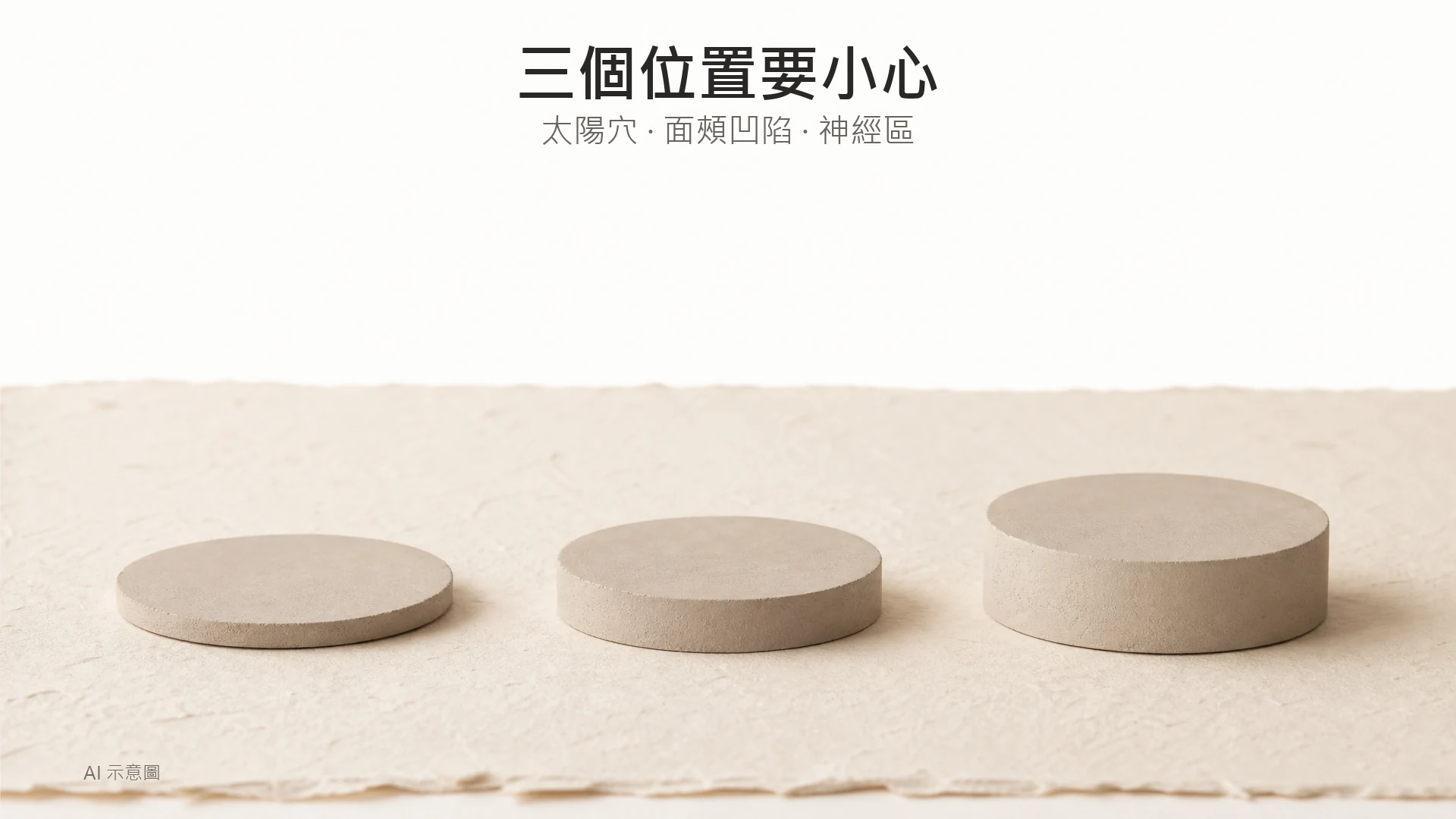 AI 示意圖:暖象牙色紙上三塊厚度不同的霧面陶泥圓片並排,作為組織厚薄的簡單物料示意,畫面上方四分之一留白。