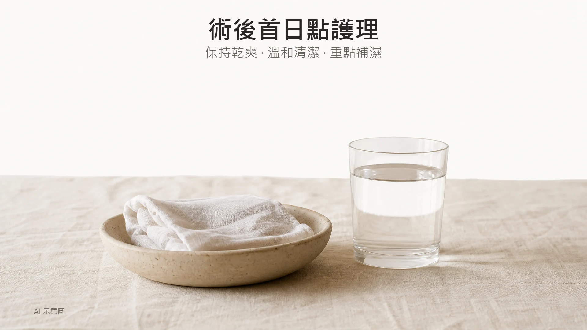 AI 示意圖：暖象牙麻布上淺陶碟內放一塊微涼濕棉布，旁為一杯清水，畫面中下方，上方四分之一留白。