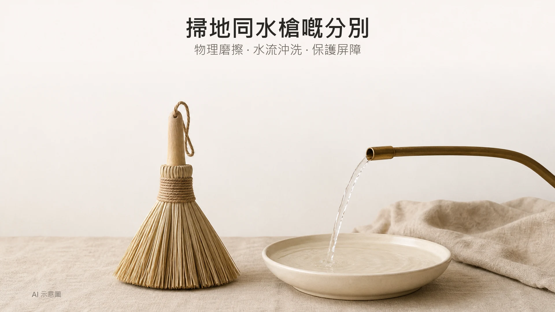 AI 示意圖:暖象牙麻布上並放一把小型天然手掃與一支黃銅細噴嘴噴出嘅一線清水注入淺碟,畫面中下方,上方四分之一留白。