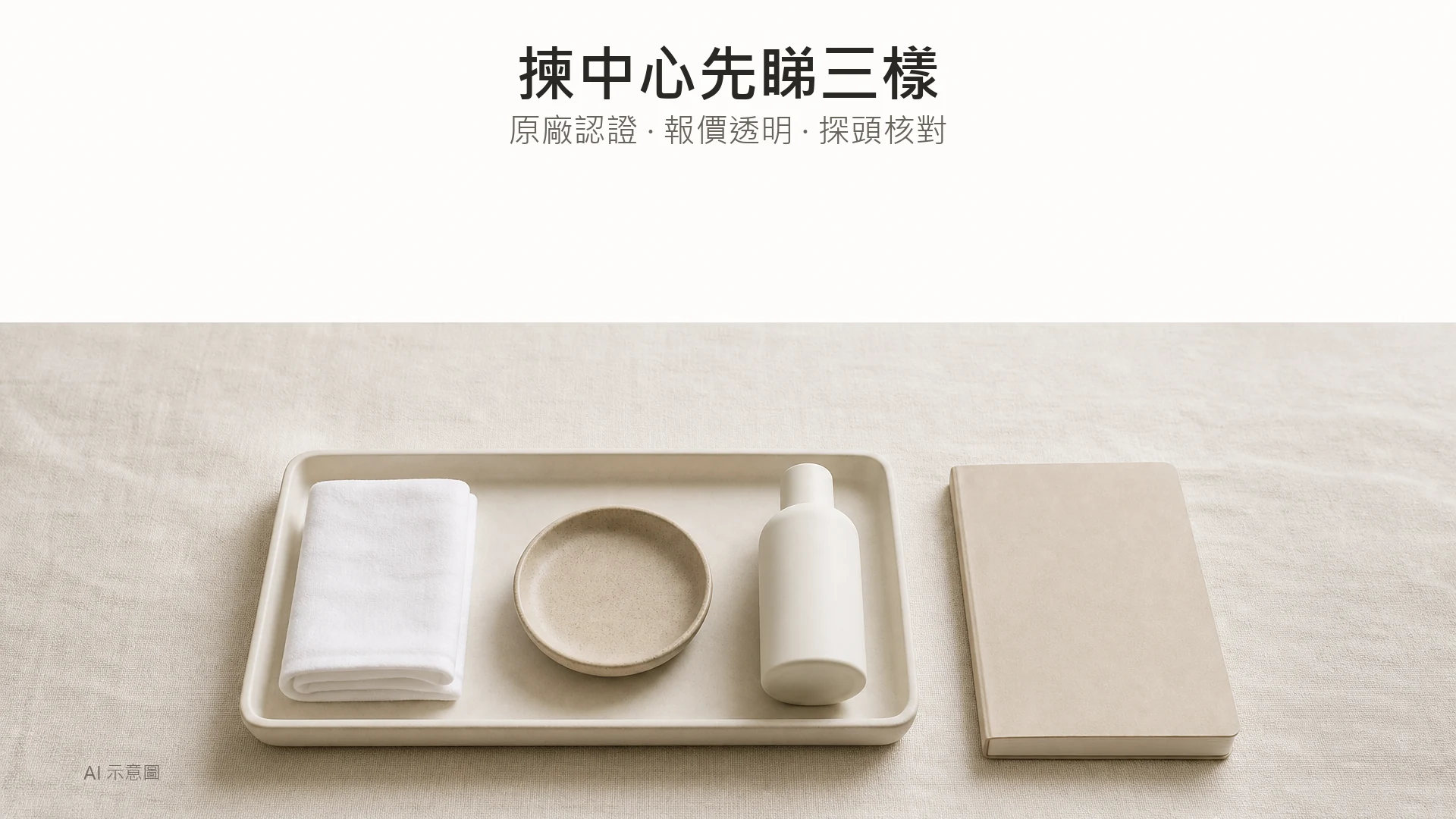 AI 示意圖:暖象牙麻布上淺色托盤內整齊排列摺好的棉布、小陶碟與一支無標籤霧面小瓶,旁放一本無封面文字筆記本,畫面中下方,上方四分之一留白。