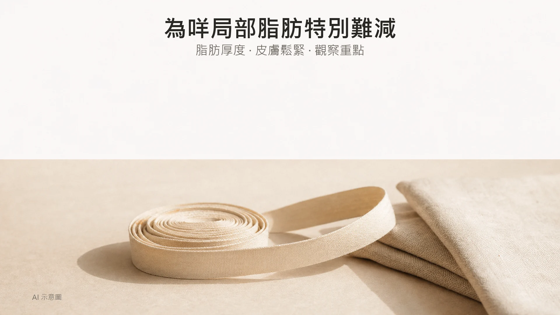 AI 示意圖：暖米色桌面上一卷無刻度軟尺與折疊亞麻布，畫面上方留白。