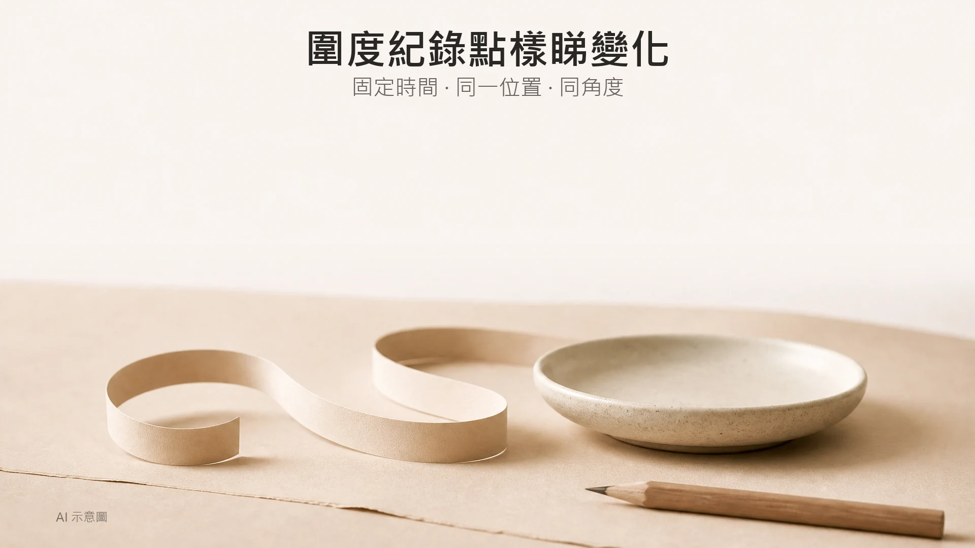 AI 示意圖：暖米色枱面上一個素色陶瓷小碟，旁邊放軟尺與鉛筆，上方留白。