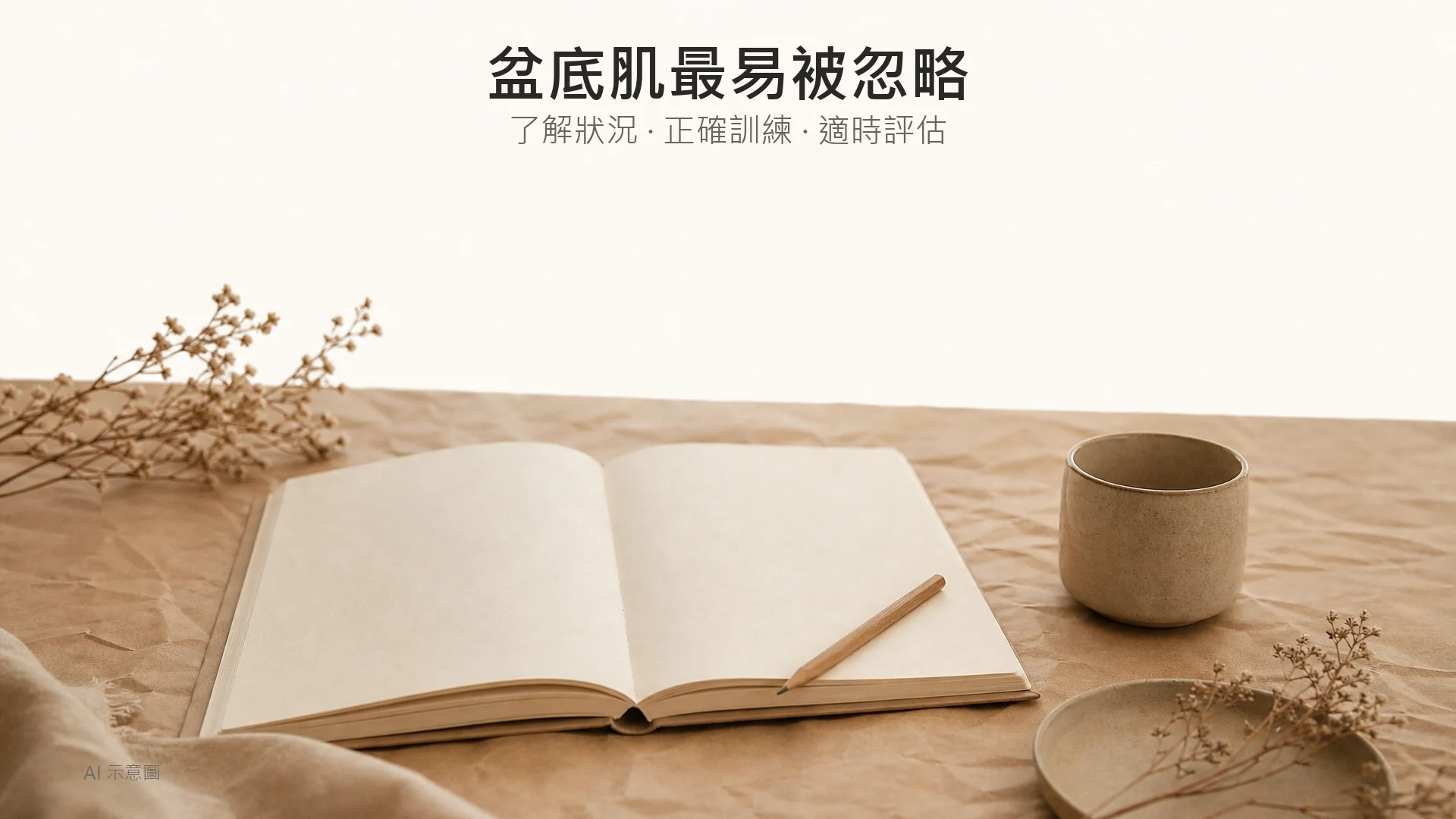 AI 示意圖：暖米色枱上一本空白筆記本與一支鉛筆，旁邊放素色小杯，上方留白。