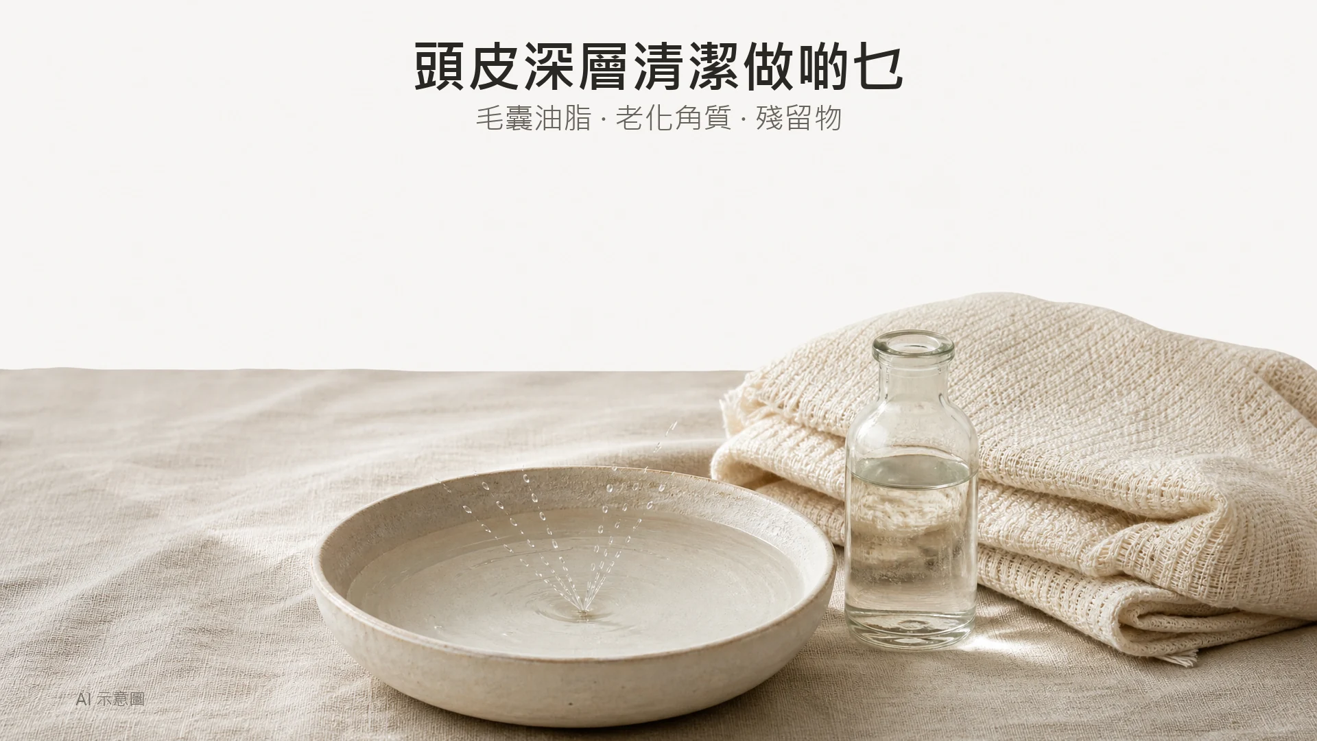 暖米色布面靜物照,淺陶碟內清水匯成細小水束,旁邊有折好的棉毛巾及無標籤玻璃瓶;AI 示意圖。